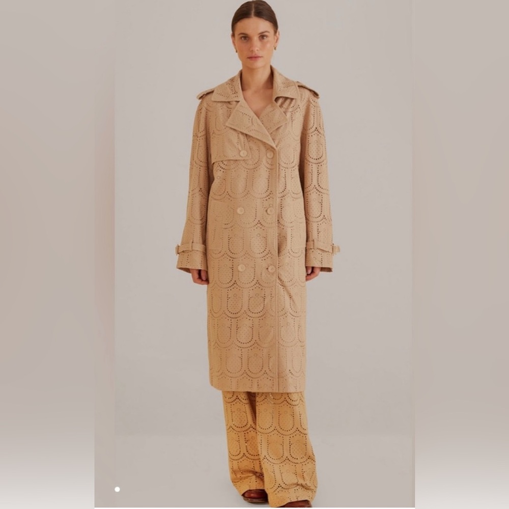 NWOT FARM Rio Pineapple Cotton Eyelet Trench Coat Size XL in Tan - Picture 2 of 15